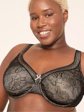 Cacique Goddess Yvette Banded Underwire Bra Black Lace Nude Lining Pink Bow 38G